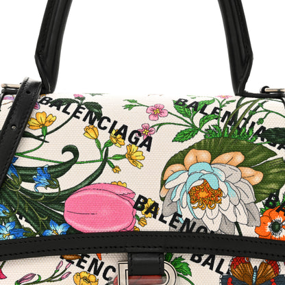 Balenciaga X GUCCI Canvas Boarded Plutone Calfskin Flora Logo Print Small Hourglass Top Handle Bag White Multicolor Black 8 of 11