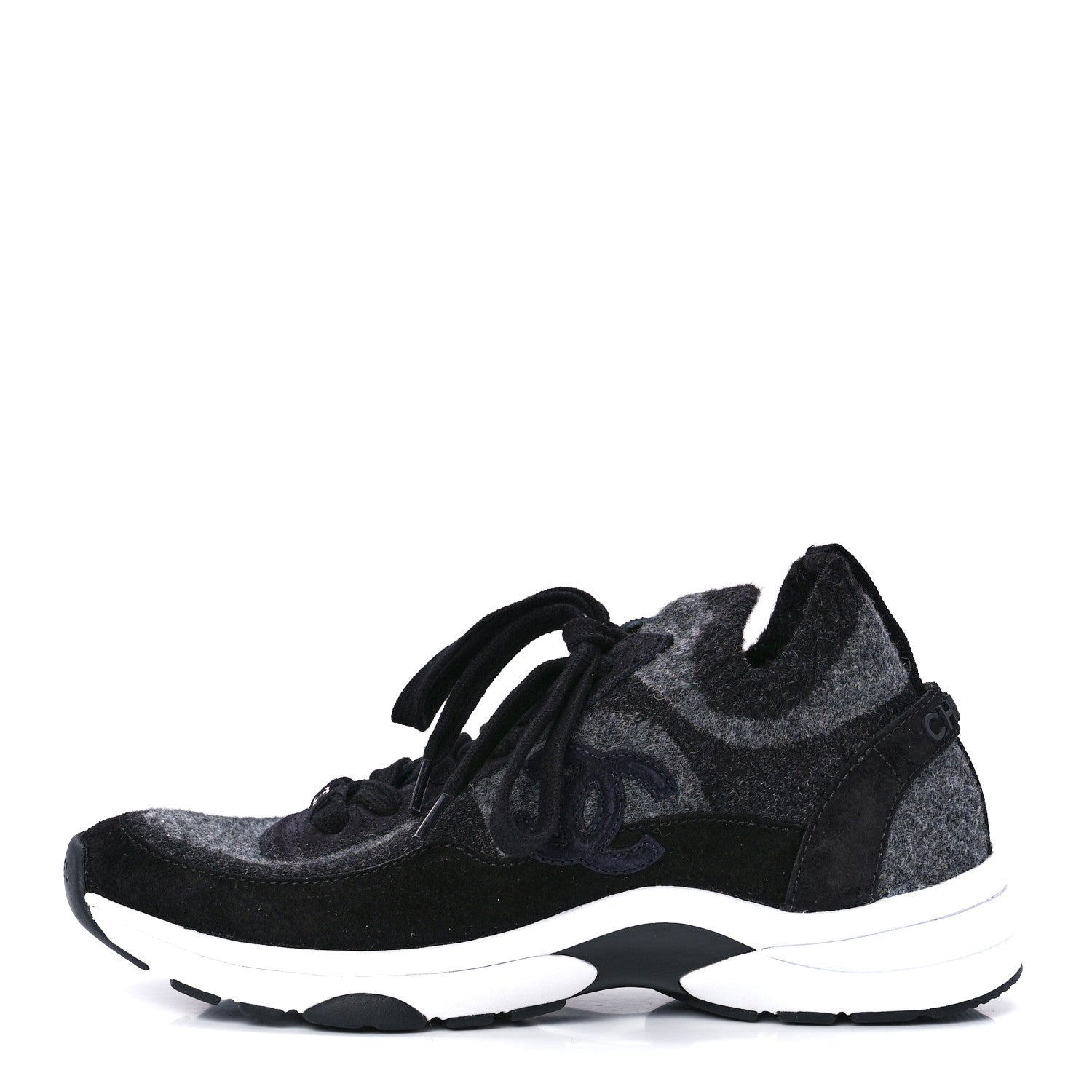 Chanel Knit Fabric Suede Calfskin Womens CC Sneakers 36.5 Grey Black 1 of 8