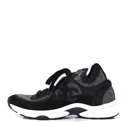 Chanel Knit Fabric Suede Calfskin Womens CC Sneakers 36.5 Grey Black 1 of 8