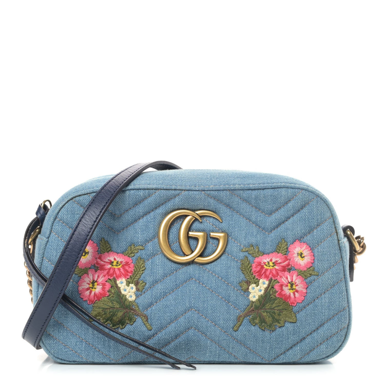 Gucci Denim Matelasse Embroidered Small GG Marmont Chain Shoulder Bag Blue 1 of 4