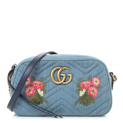 Gucci Denim Matelasse Embroidered Small GG Marmont Chain Shoulder Bag Blue 1 of 4