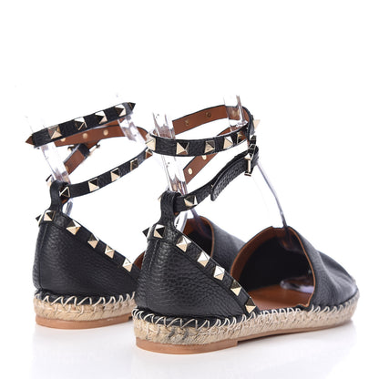 Valentino Garavani Grained Calfskin Rockstud Ankle Wrap Espadrille 20mm Flats 38 Black Light Cuir Natural 4 of 9