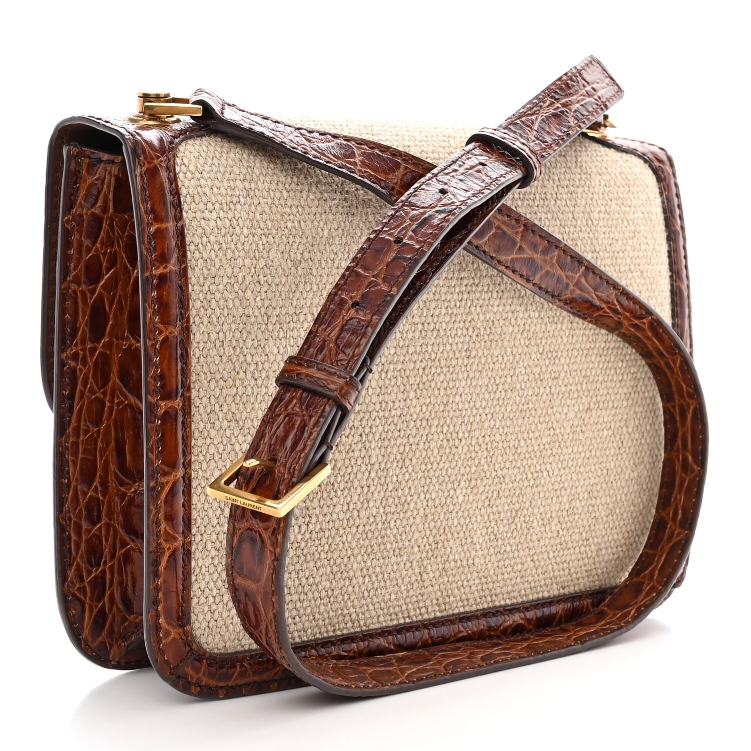 Saint Laurent Linen Canvas Crocodile Embossed Carre Satchel Natural Brown 3 of 11