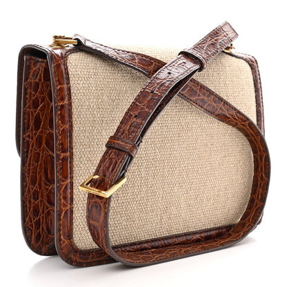 Saint Laurent Linen Canvas Crocodile Embossed Carre Satchel Natural Brown 3 of 11