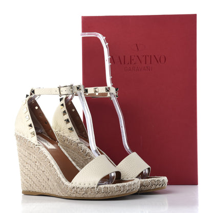 Valentino Garavani Grained Calfskin Rockstud Ankle Strap Espadrille 15/105mm Wedge Sandals 37 Light Ivory Natural 10 of 11