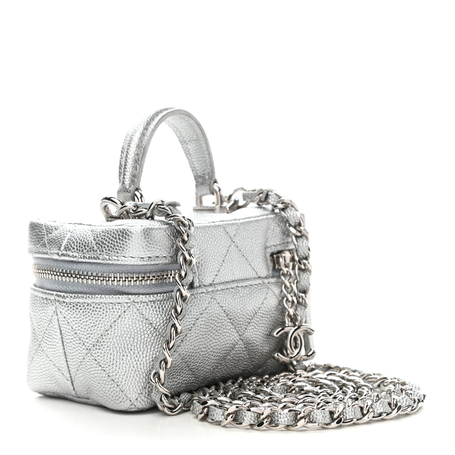 Metallic Caviar Quilted Mini Top Handle Vanity With Chain Silver