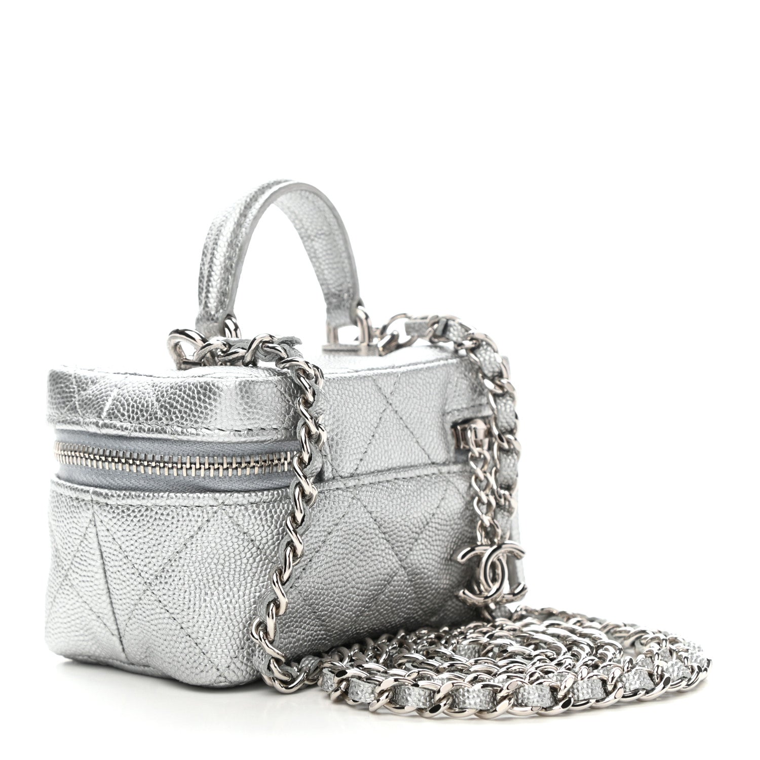 Chanel Metallic Caviar Quilted Mini Top Handle Vanity With Chain Silver 3 of 10