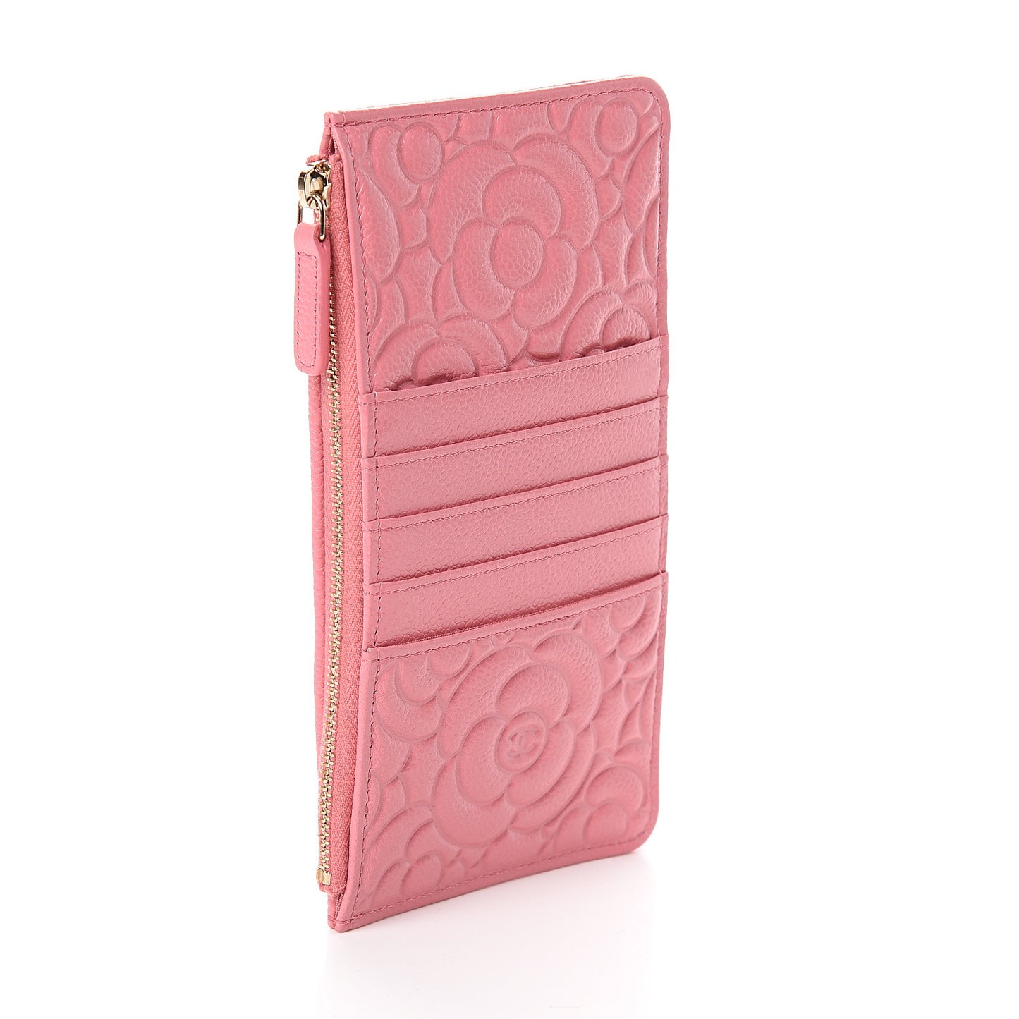 Caviar Camellia Embossed Classic Flat Wallet Pouch Pink