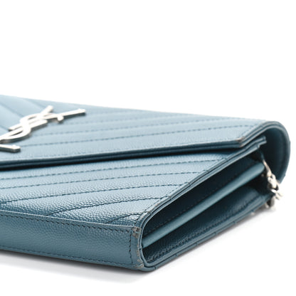 Saint Laurent Grain De Poudre Matelasse Chevron Medium Monogram Chain Wallet Peacock Green 10 of 15