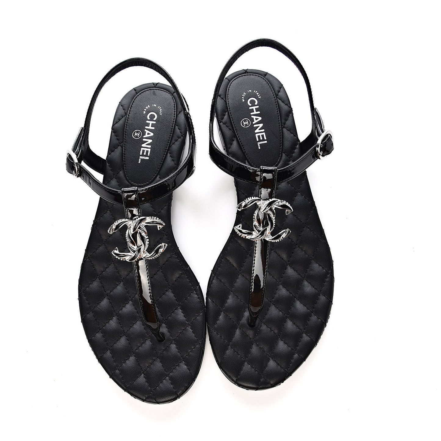 Patent Calfskin CC Chain Thong Sandals 35 Black