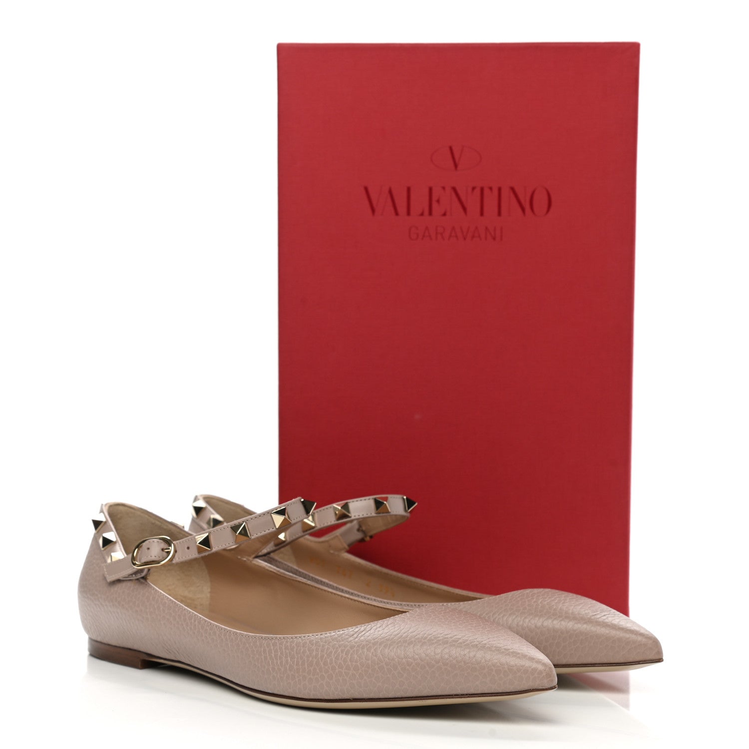 Valentino Garavani Pebbled Calfskin Rockstud Ankle Strap Ballerina Flats 39.5 Poudre 9 of 9