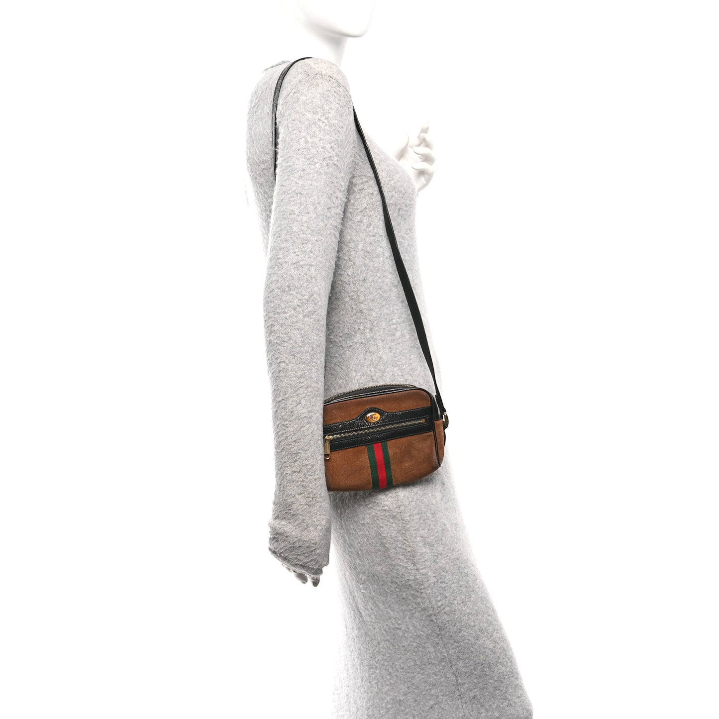 Suede Patent Web Small Ophidia Shoulder Bag Nocciola Black
