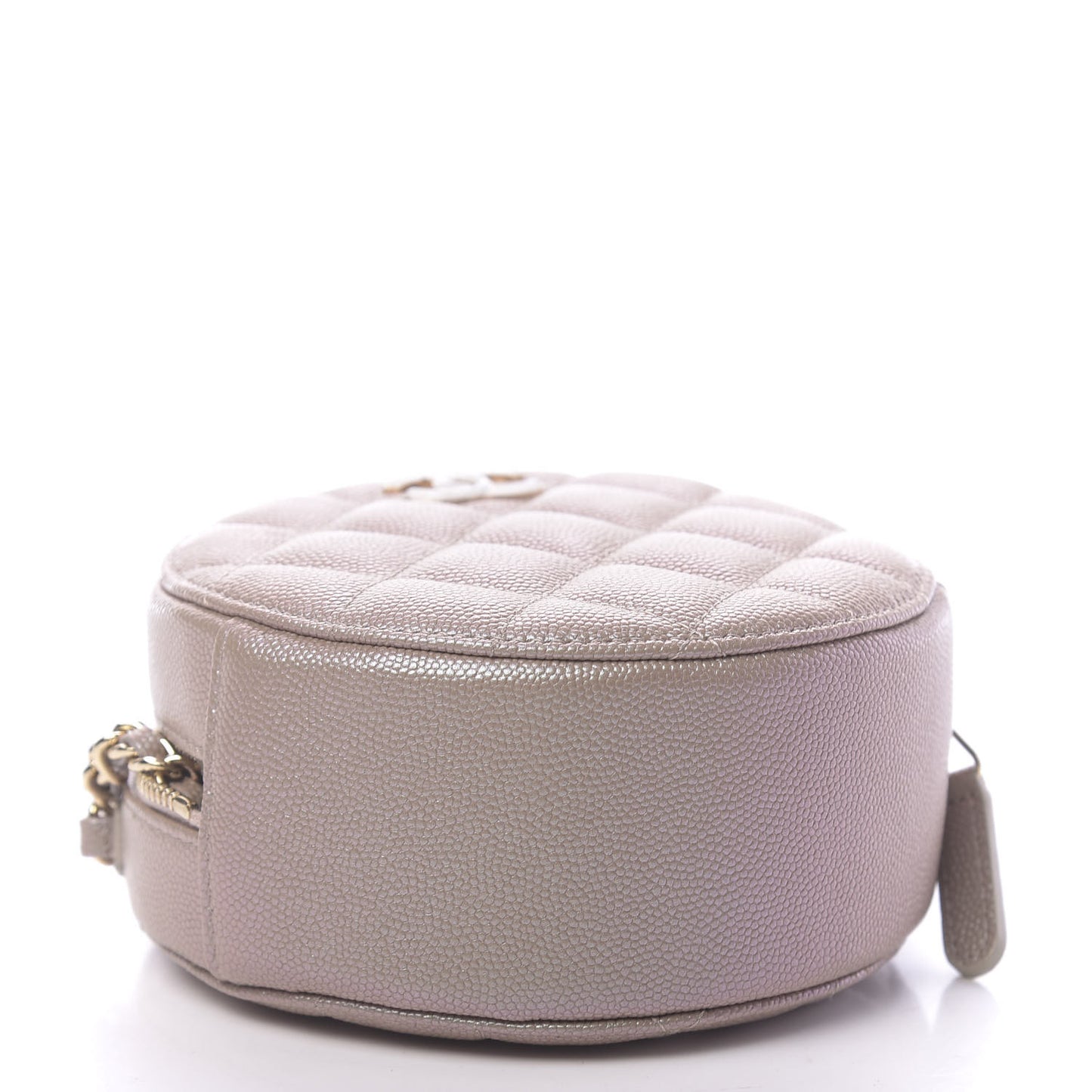 Iridescent Caviar Quilted Round Clutch With Chain Beige