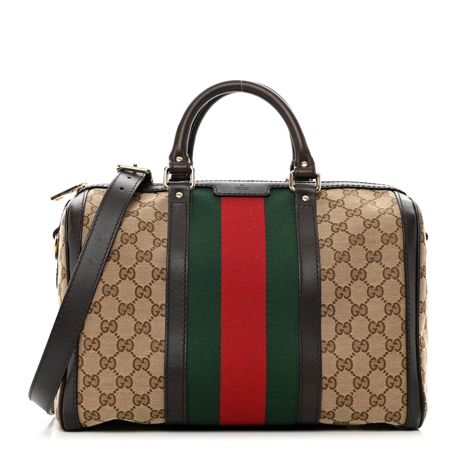 Gucci Monogram Selleria Calfskin Vintage Web Medium Boston Beige Ebony Cocoa 3 of 15