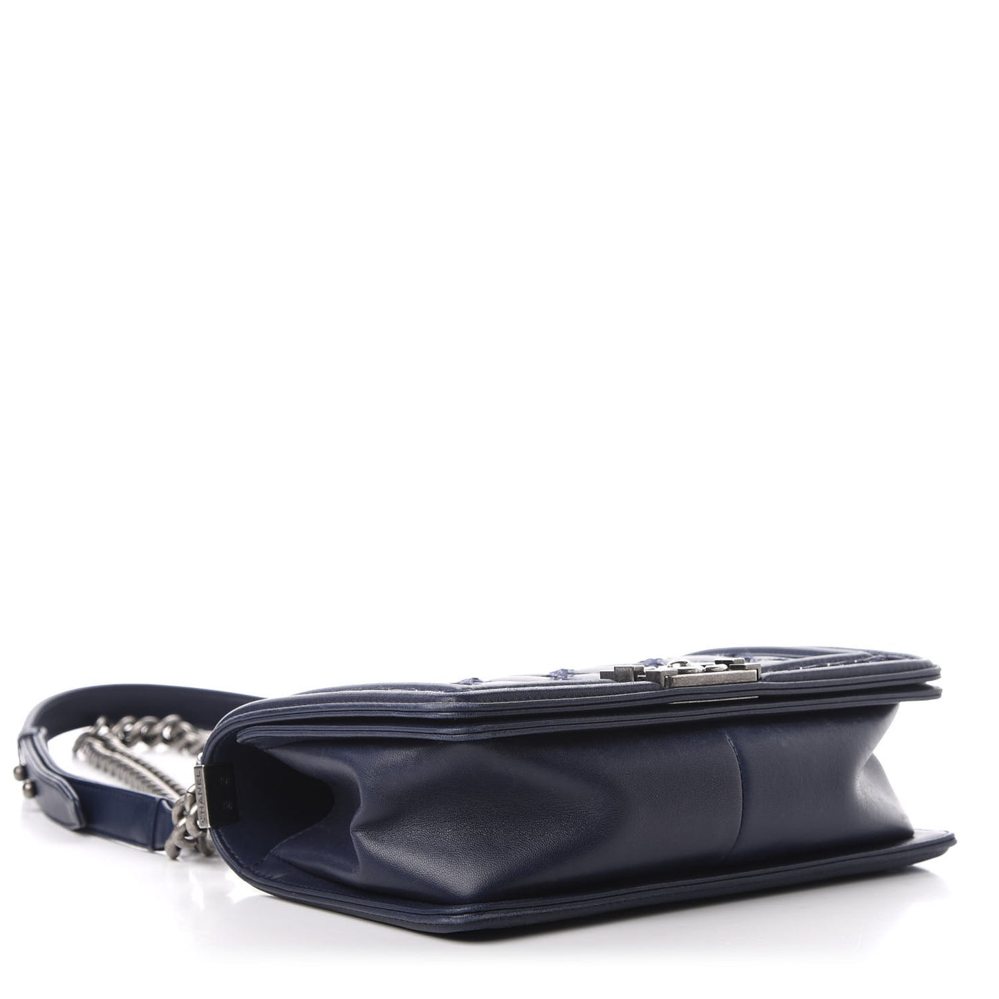 Calfskin Tweed Double Stitch Medium Boy Flap Navy Blue