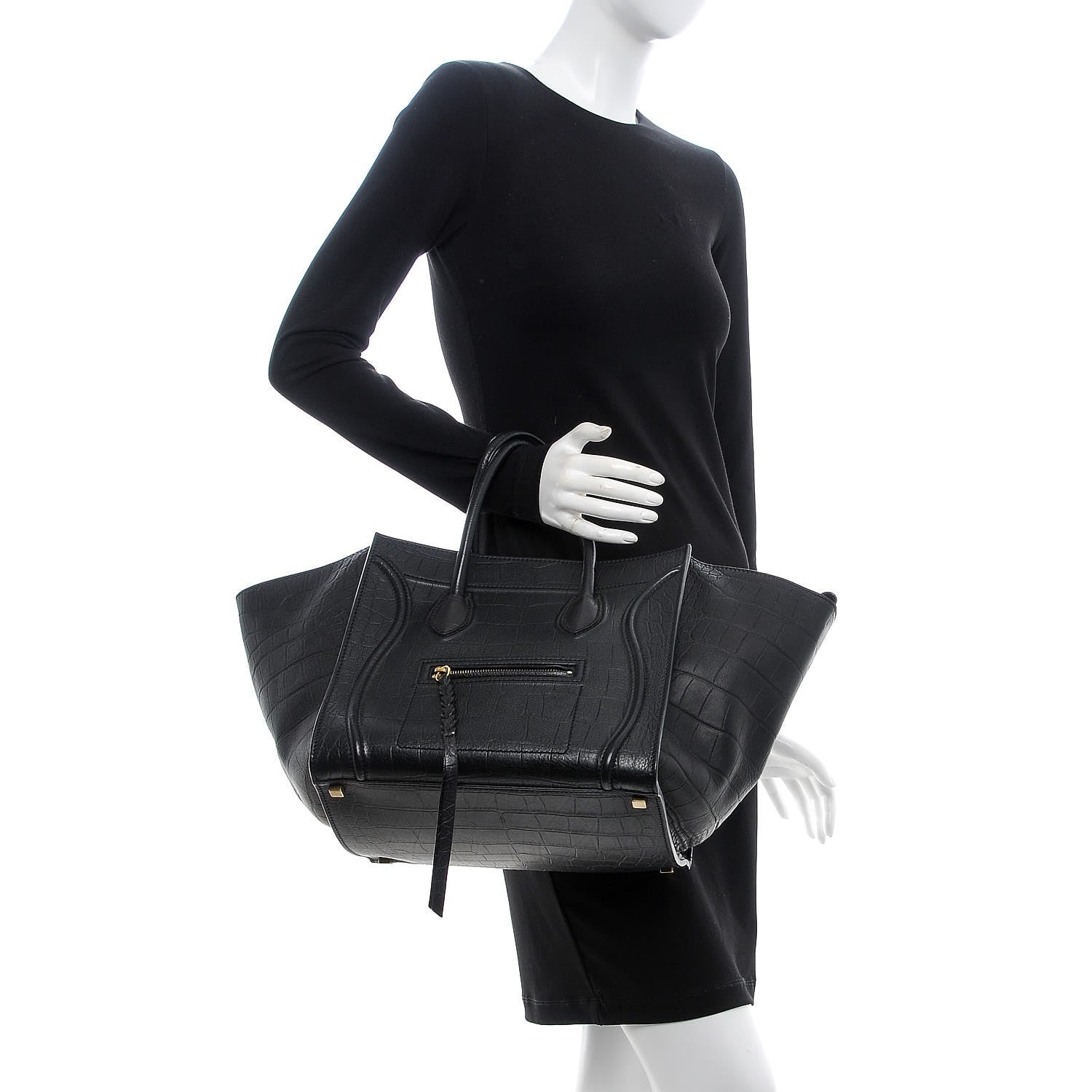 Celine Crocodile Embossed Calfskin Medium Phantom Luggage Black 2 of 8