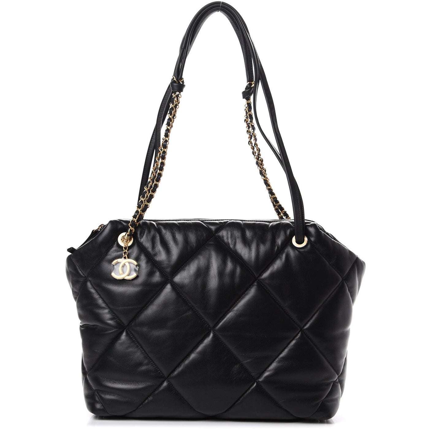 Lambskin Quilted Large Bowling Bag Black