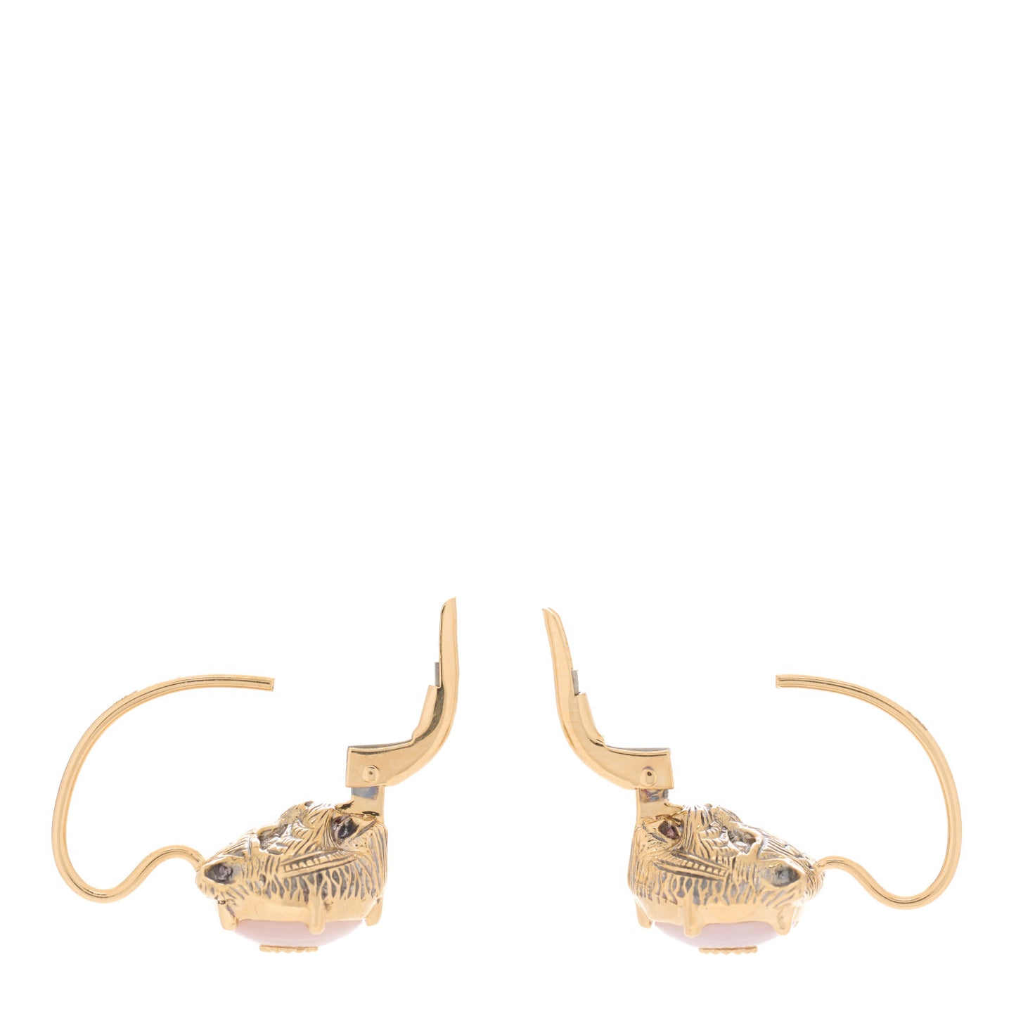 18K Yellow Gold Diamond Pink Opal Le Marche Des Merveilles Feline Earrings
