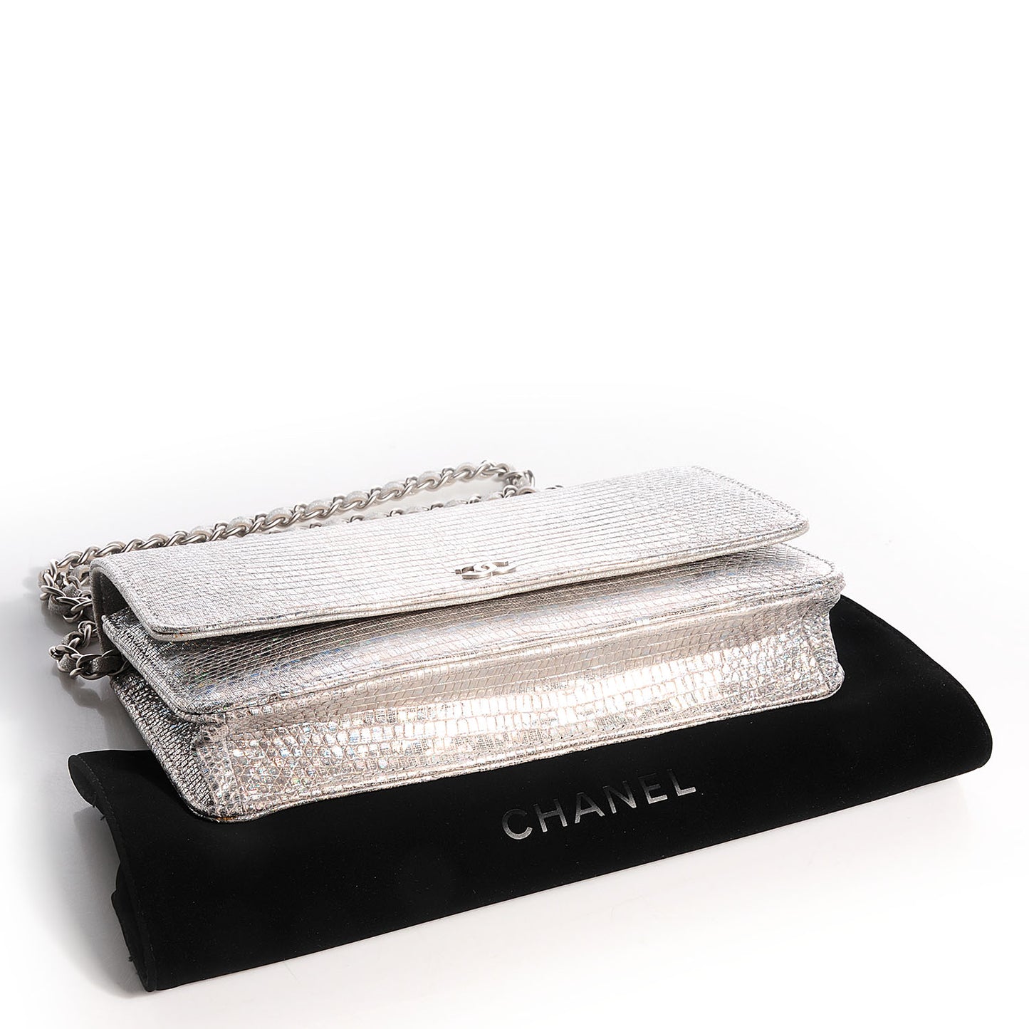 Iridescent Lizard Embossed Wallet on Chain WOC Silver