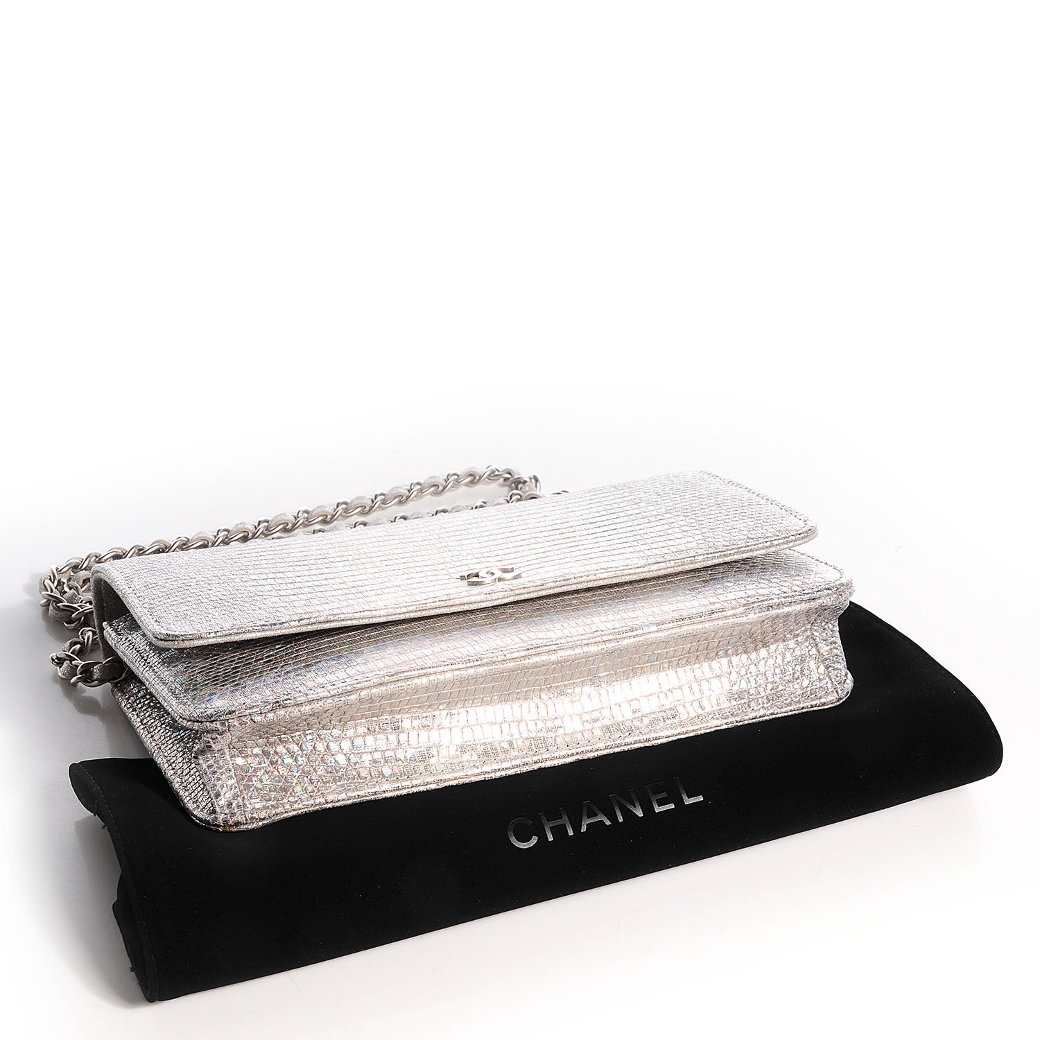 Chanel Iridescent Lizard Embossed Wallet on Chain WOC Silver 4 of 8