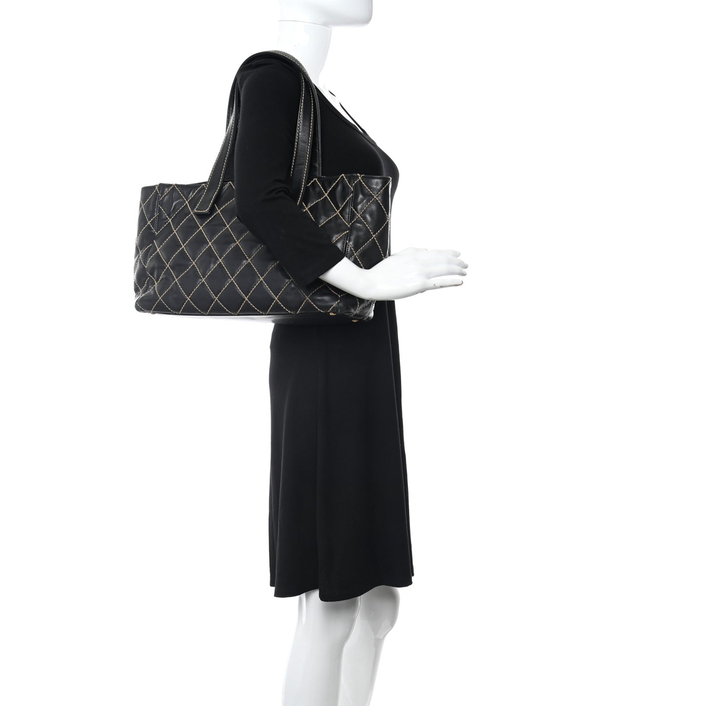 Calfskin Contrast Stitch Surpique Tote Black