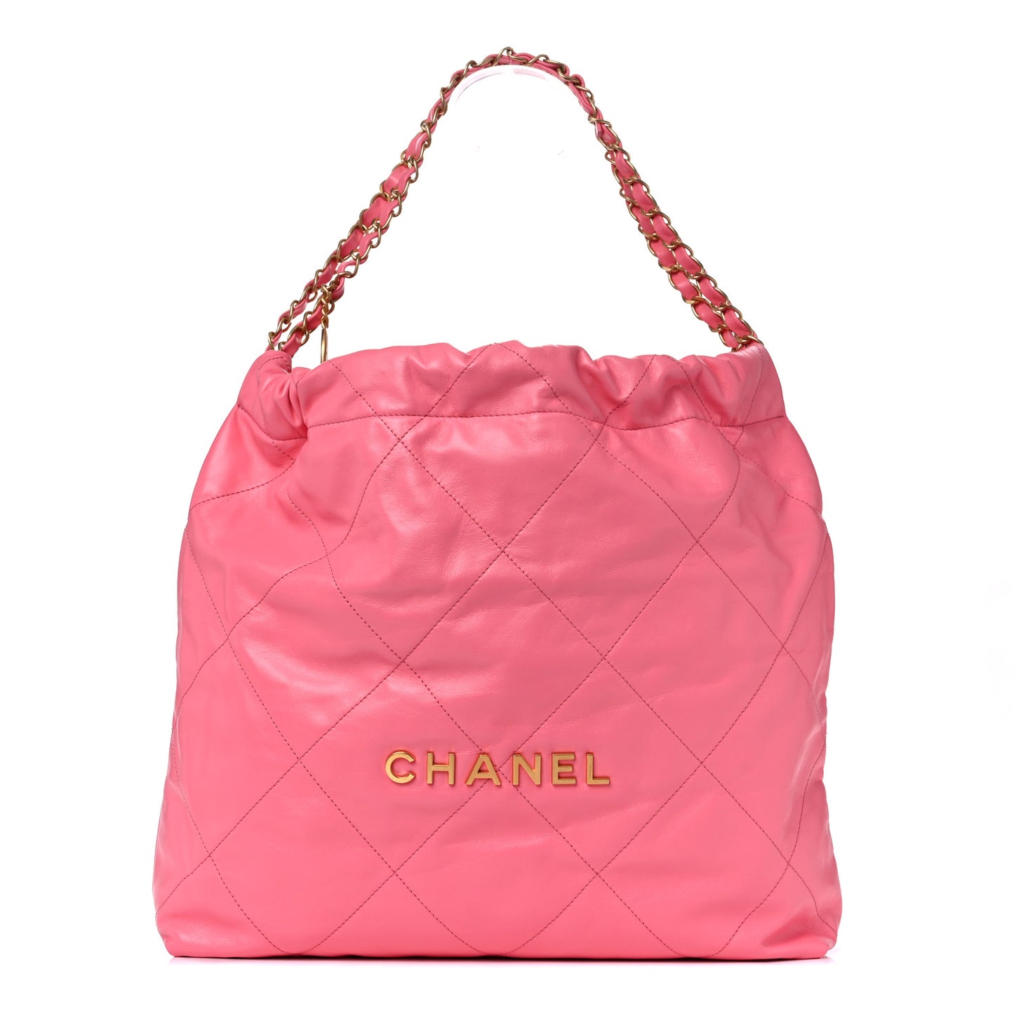 Shiny Calfskin Quilted Chanel 22 Drawstring Bag Coral Pink