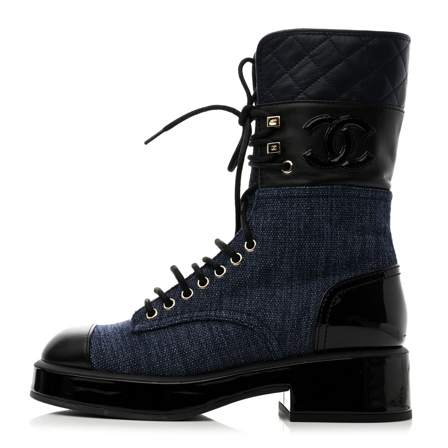 Chanel Denim Patent Lambskin Quilted CC Lace Up Combat Boots 36 Navy Blue Black 1 of 9