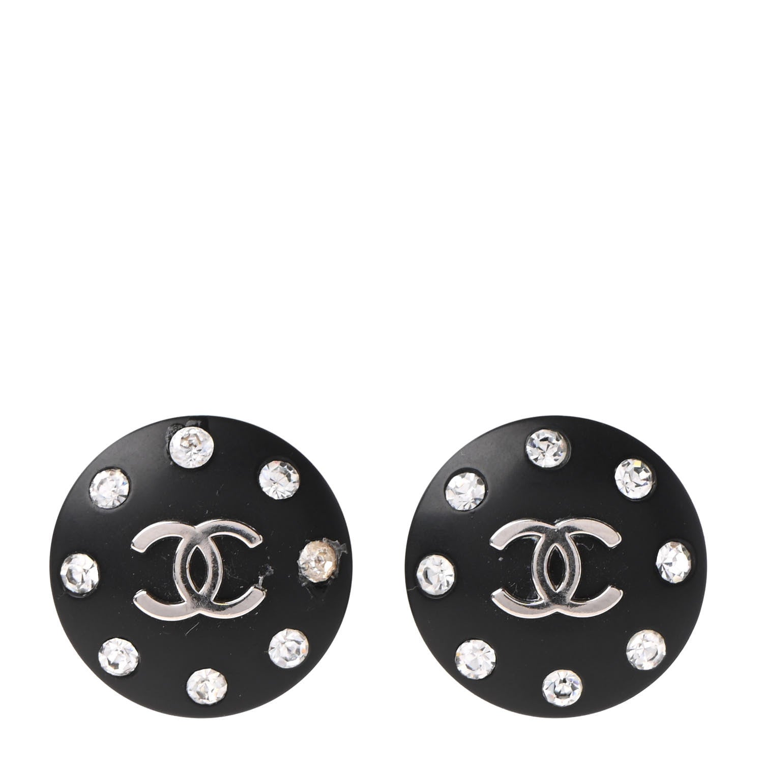 Chanel CC Crystal Studded Round Clip On Earrings Black Silver 1 of 5