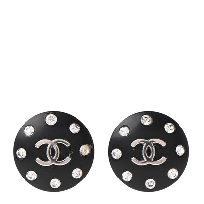 Chanel CC Crystal Studded Round Clip On Earrings Black Silver 1 of 5