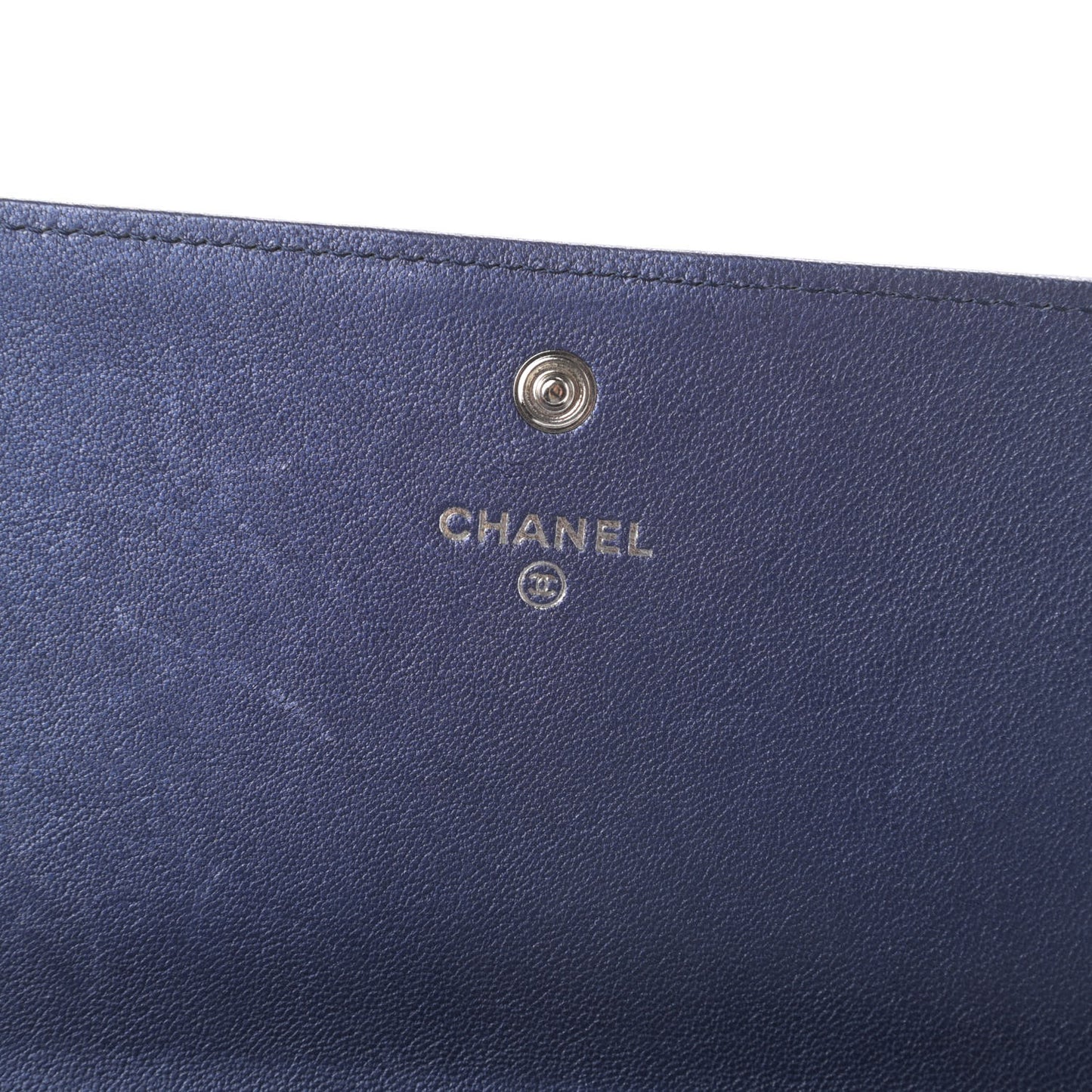 Metallic Sheepskin Chevron Quilted Mademoiselle Vintage Flap Wallet Navy