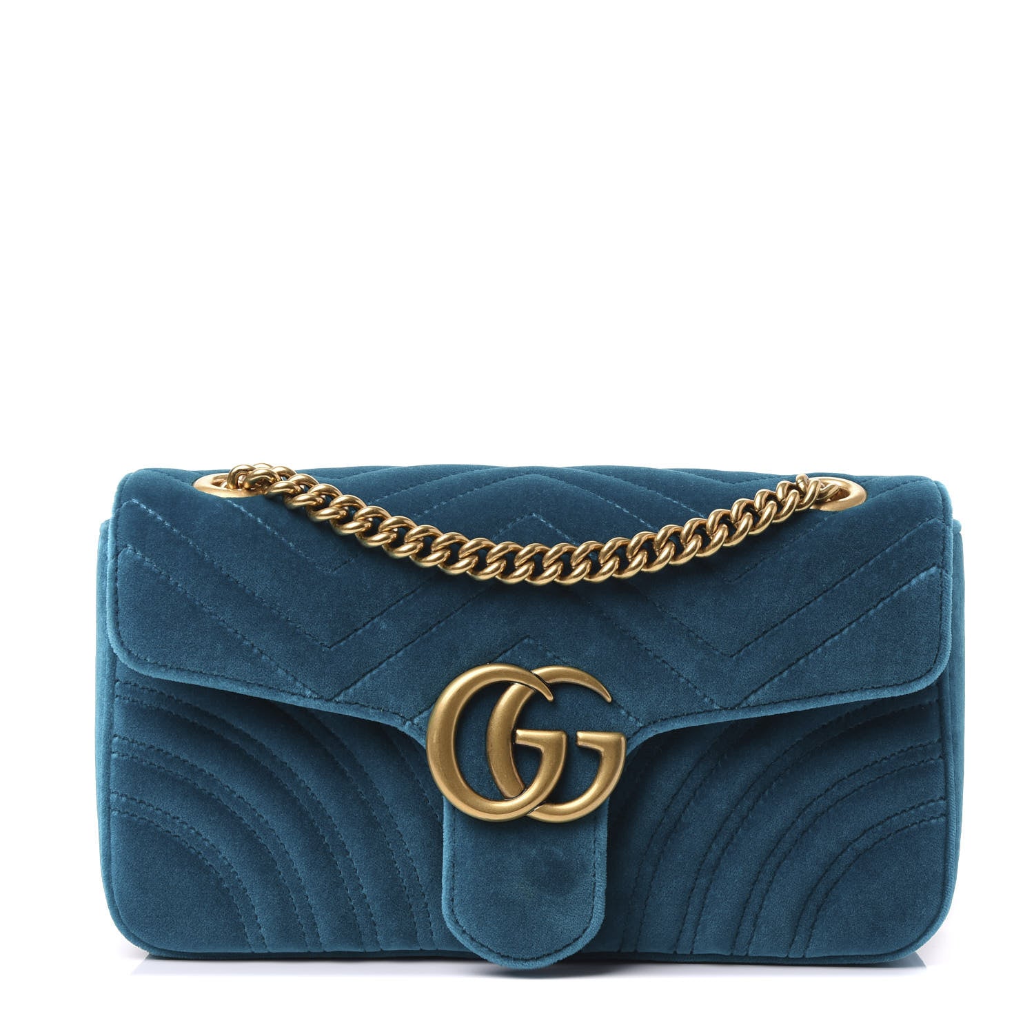Gucci Velvet Matelasse Small GG Marmont Shoulder Bag Pavone Cyan 1 of 9