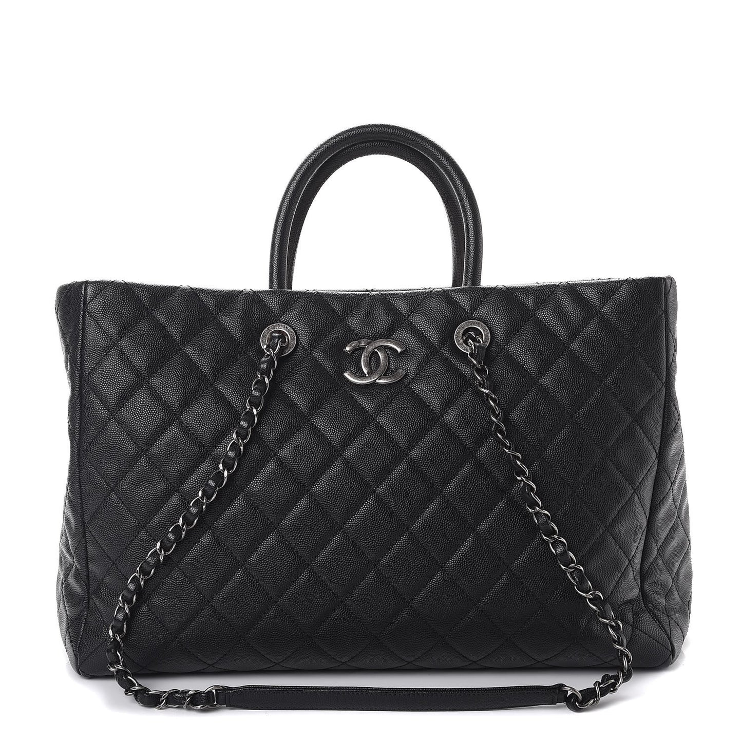 Caviar Quilted Large Coco Handle Shopping Tote Black