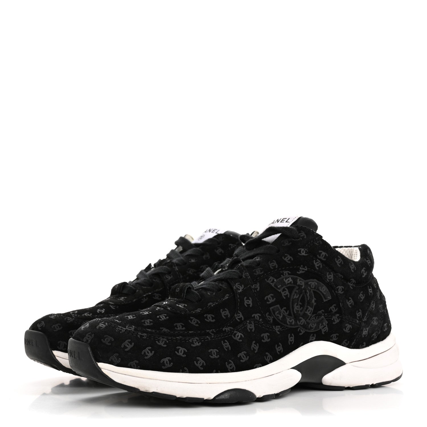 Chanel Suede Calfskin Printed CC Sneakers 38.5 Black 4 of 12