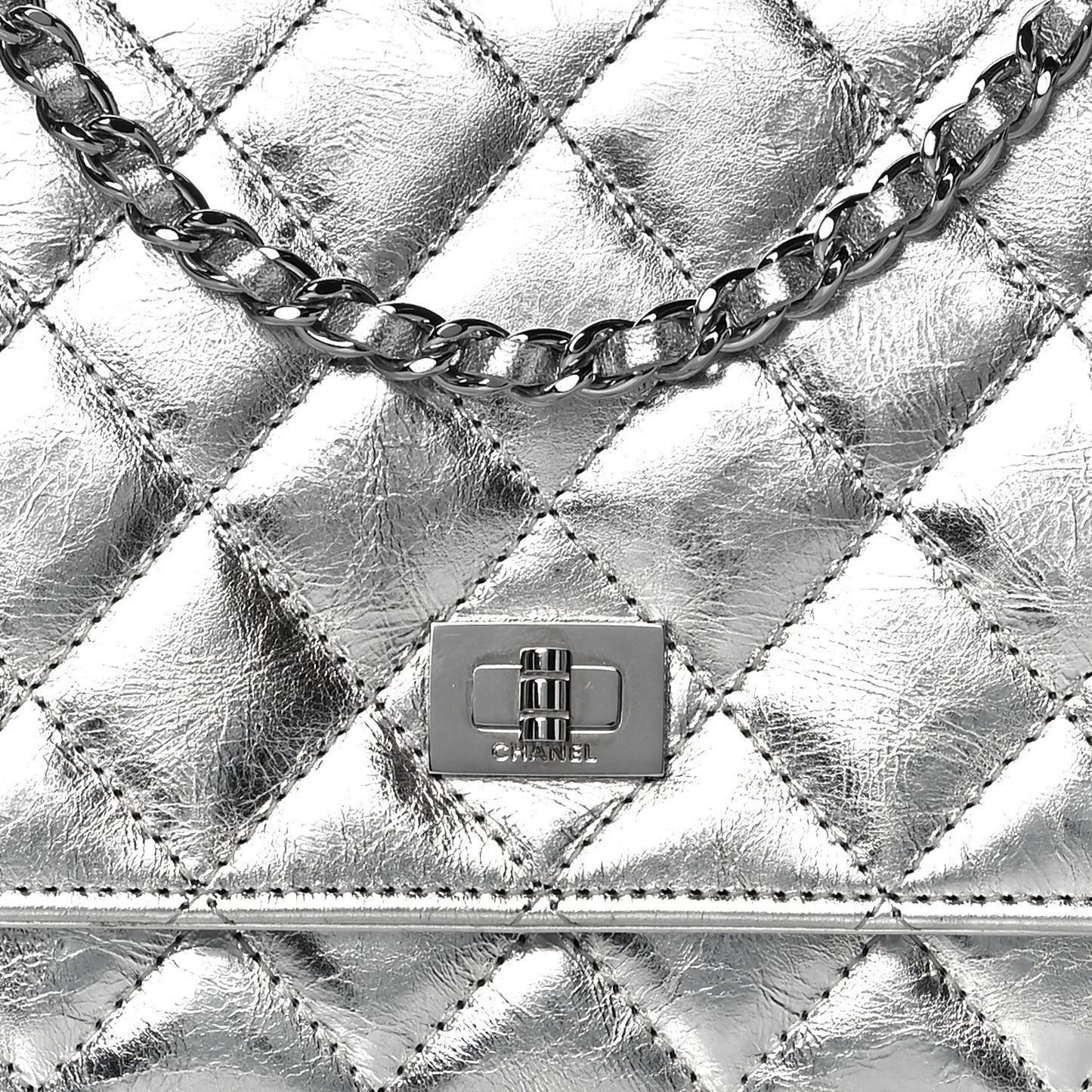 Metallic Aged Calfskin Quilted Reissue Wallet On Chain WOC Silver