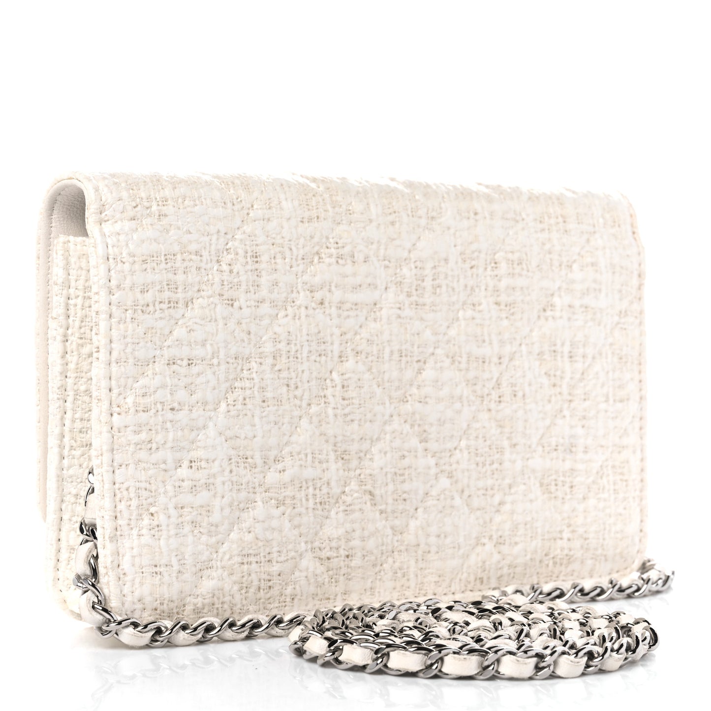 Tweed Quilted Wallet on Chain WOC White