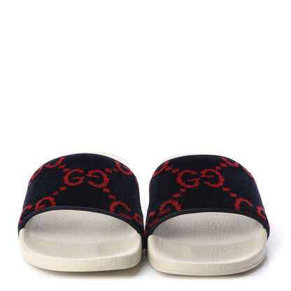 Gucci Velvet GG Monogram Slide Sandals 39 Blue Red 2 of 8