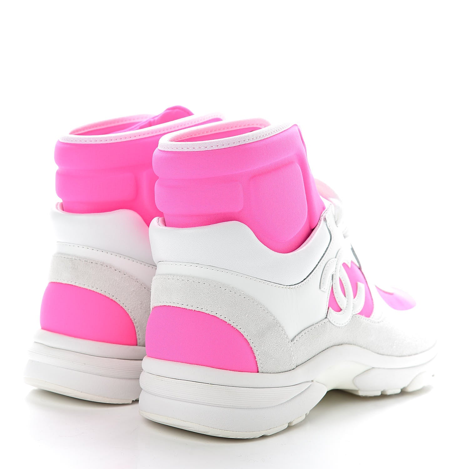 Chanel Suede Calfskin Lambskin Neoprene High Top CC Sneakers 37 White Fluo Pink 4 of 9