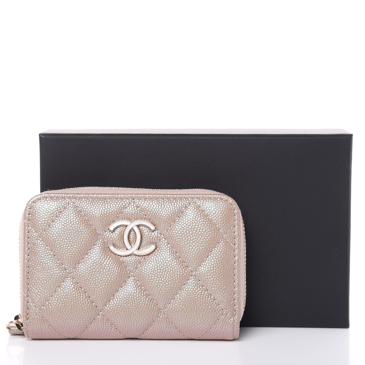 Iridescent Caviar Quilted Zip Around Coin Purse Beige