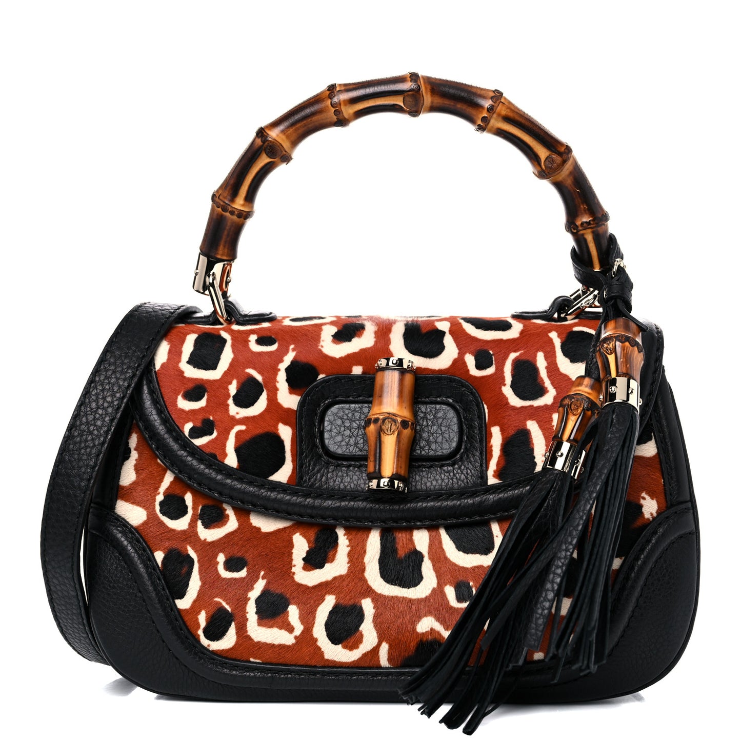 Calf Hair Leopard Print Medium New Bamboo Top Handle Bag Red