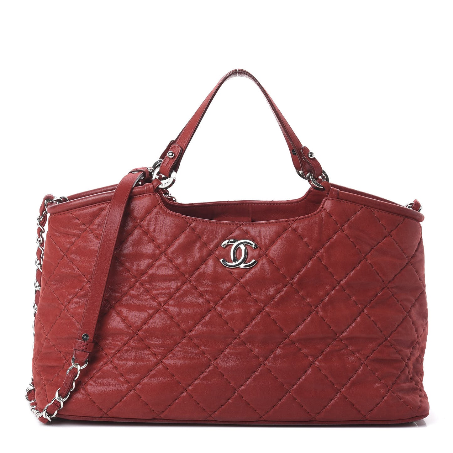 Iridescent Calfskin Quilted Small Sea Hit Tote Red