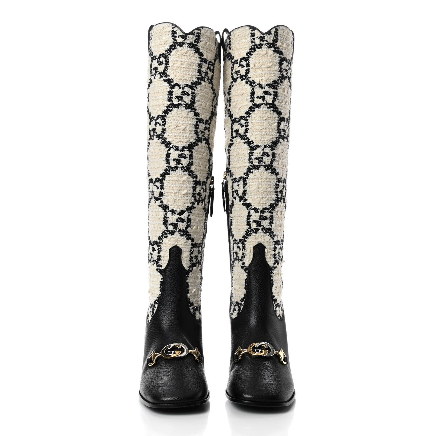 Tweed GG Monogram Wrinkled Kid Zumi Knee Boots 37.5 Natural Black