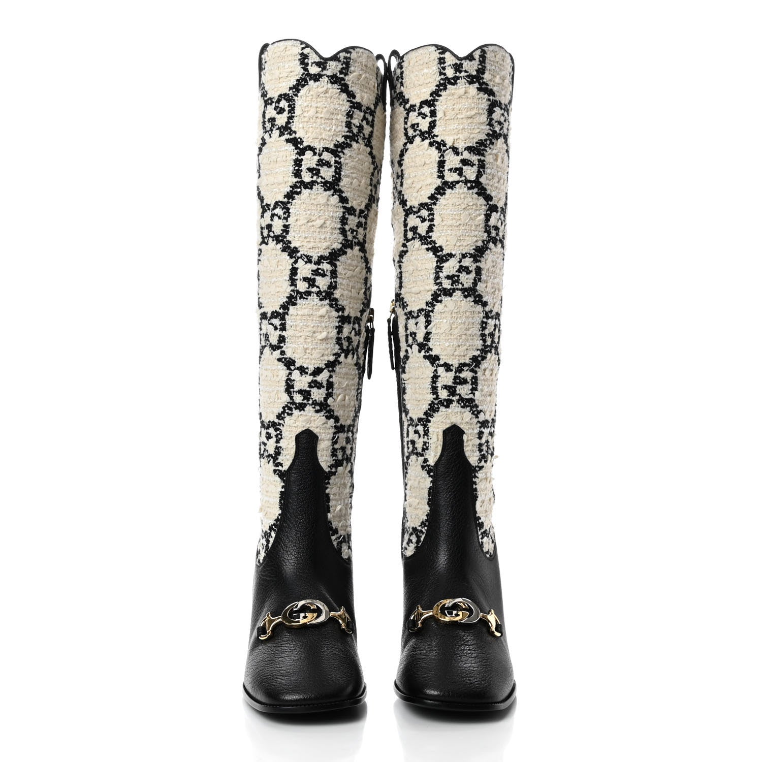 Gucci Tweed GG Monogram Wrinkled Kid Zumi Knee Boots 37.5 Natural Black 2 of 8