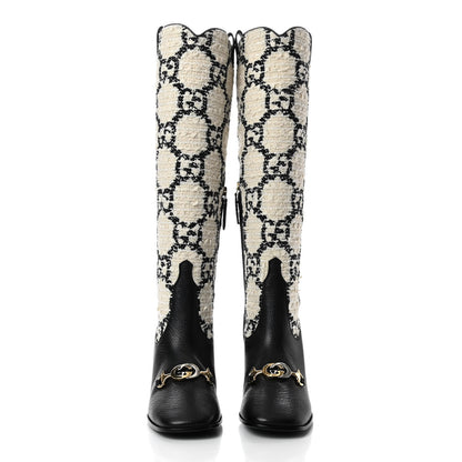 Gucci Tweed GG Monogram Wrinkled Kid Zumi Knee Boots 37.5 Natural Black 2 of 8