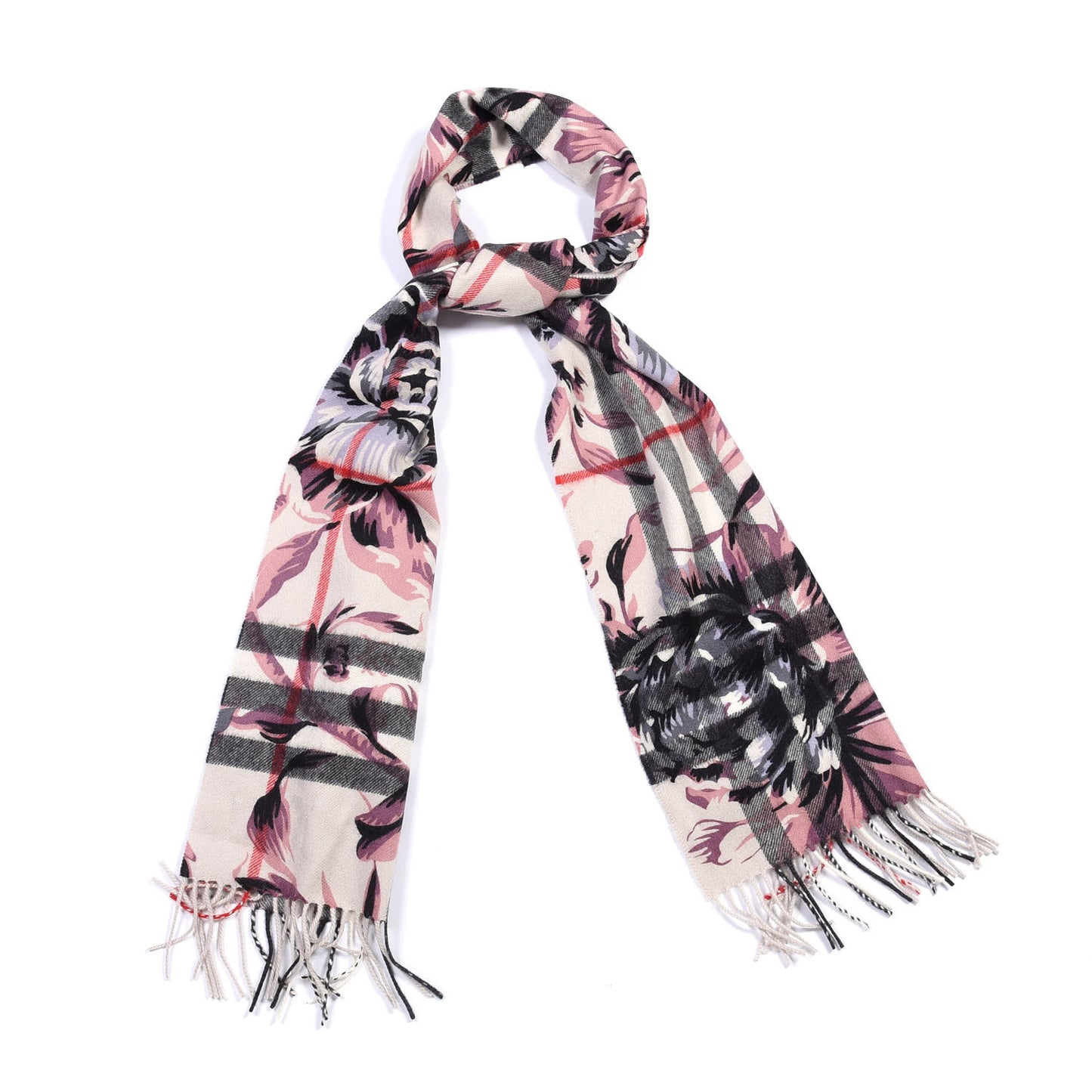 Cashmere Giant Check Floral Print Fringe Scarf