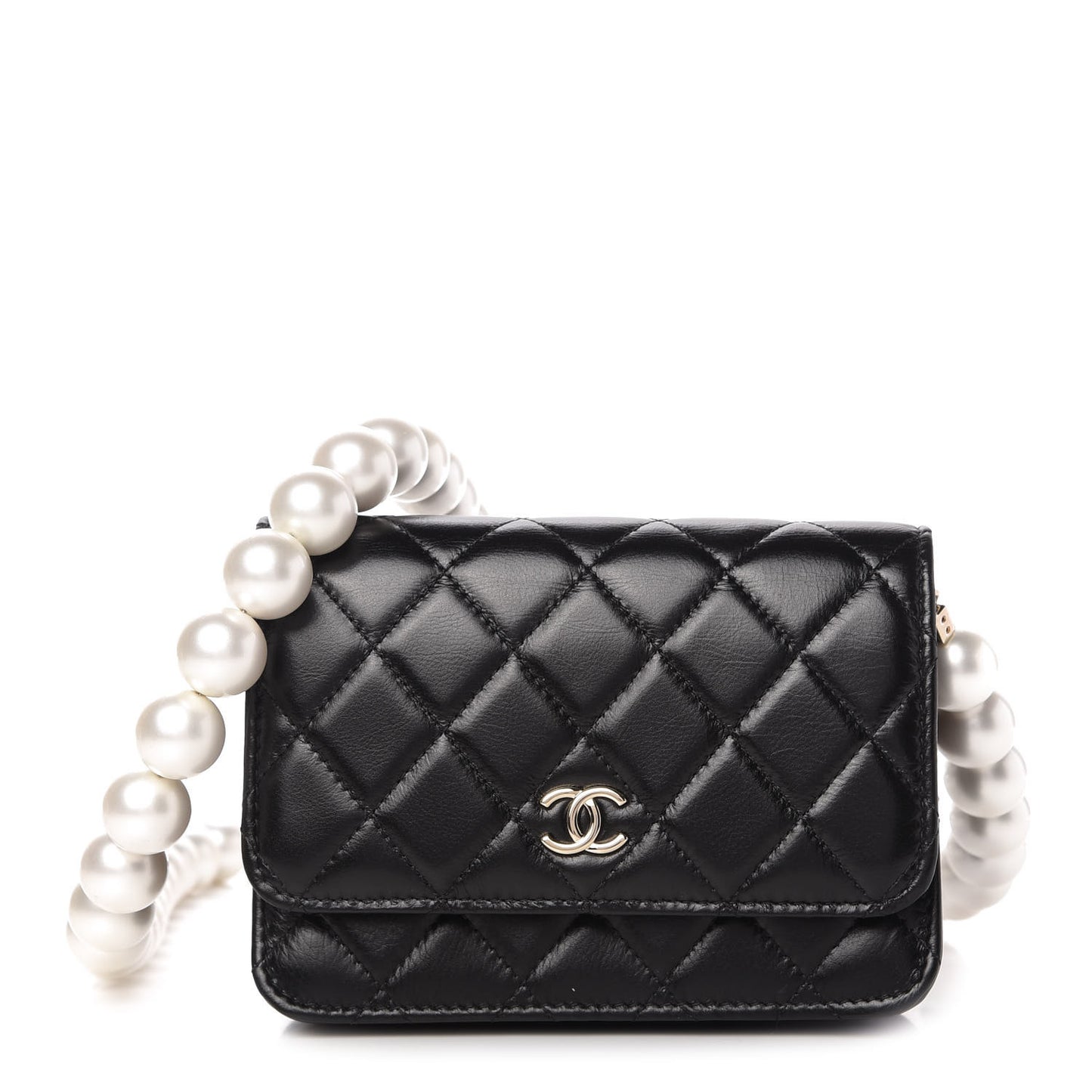 Calfskin Quilted Mini Maxi Pearls Wallet On Chain WOC Black