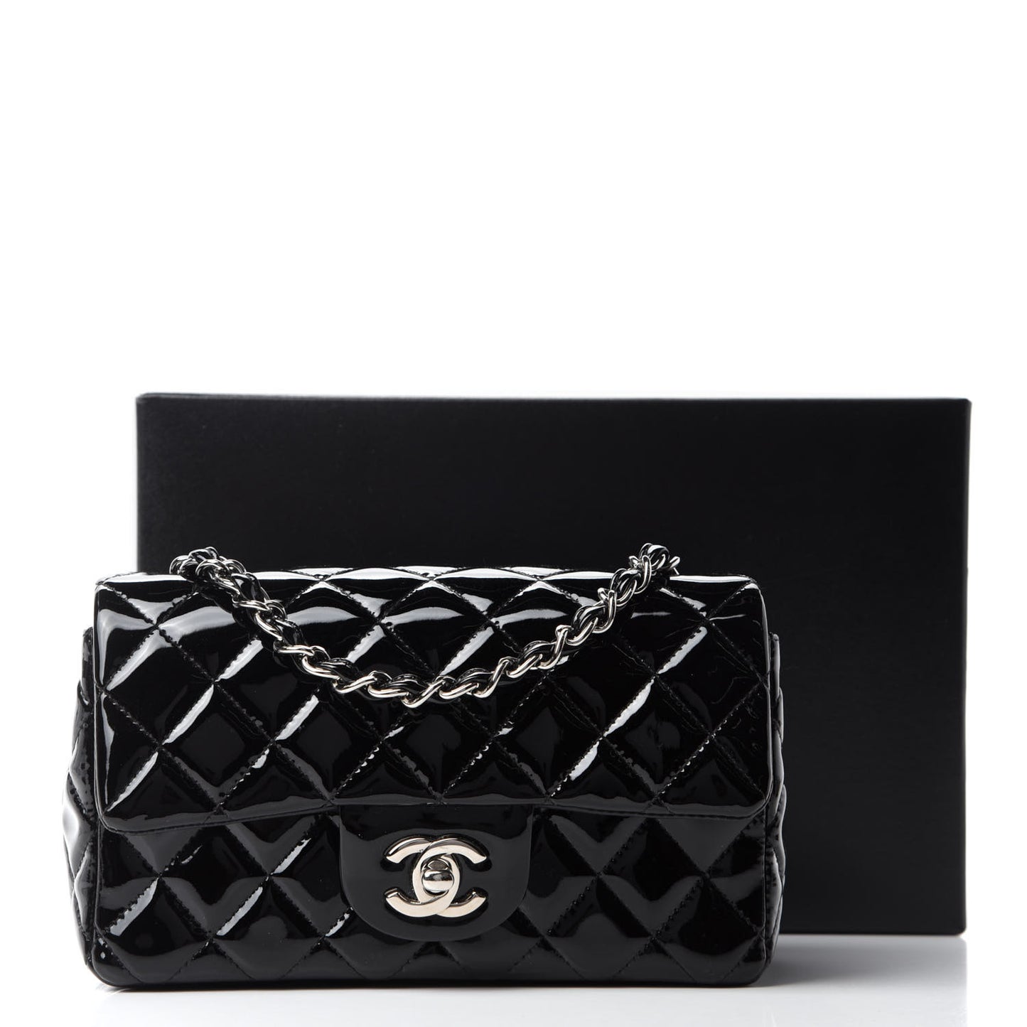 Patent Calfskin Quilted Mini Rectangular Flap Black