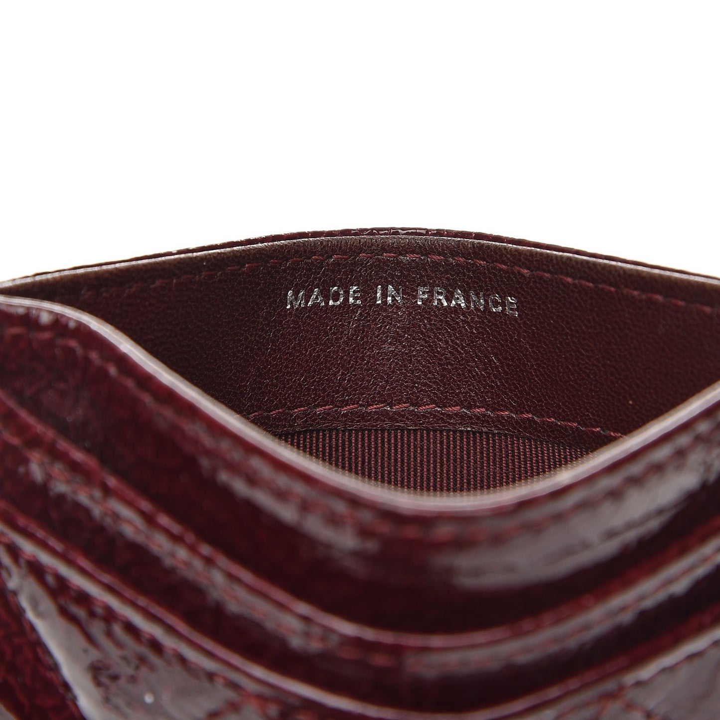 Distressed Patent Quilted Card Holder Bordeaux