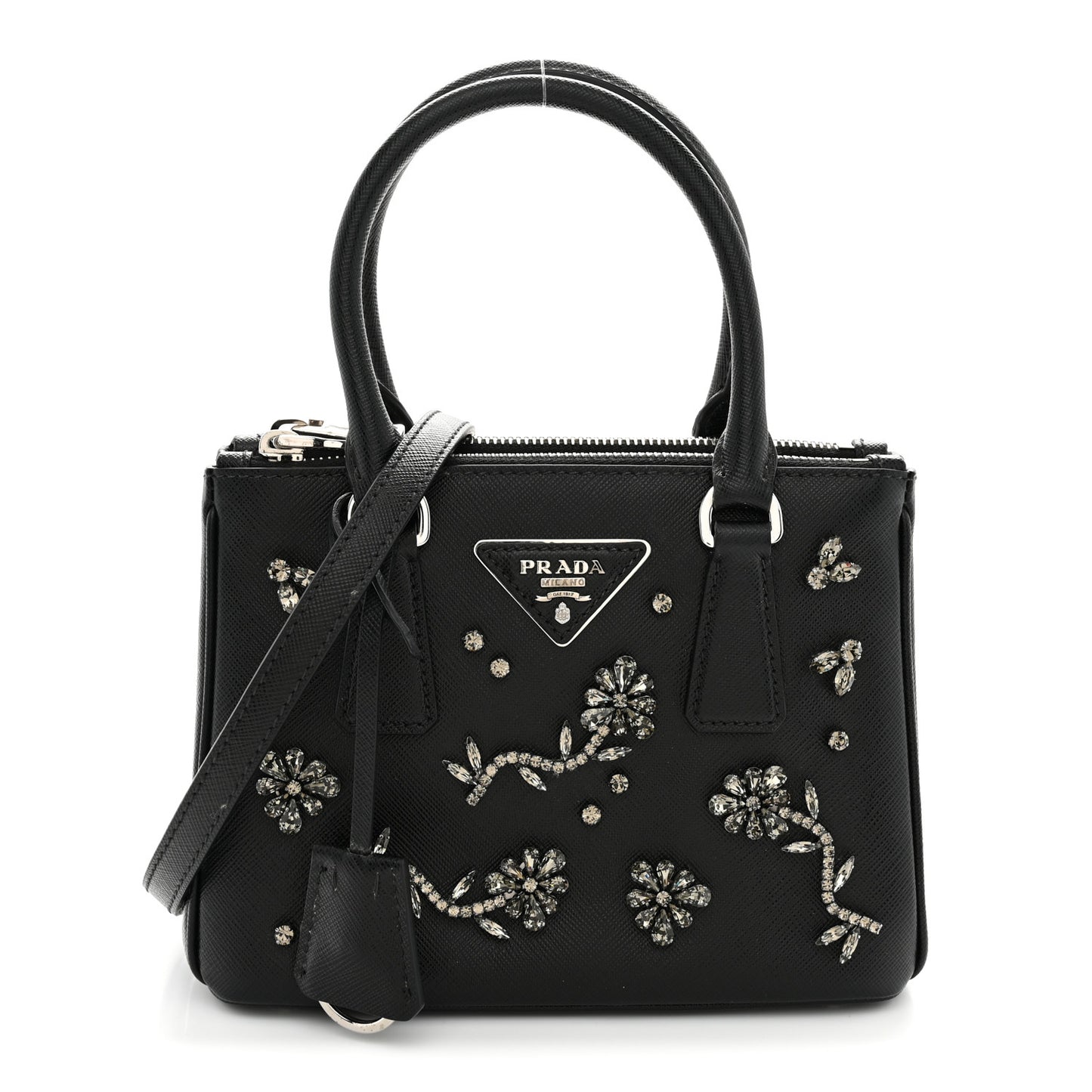 Saffiano Lux Crystal Mini Galleria Double Zip Tote Black
