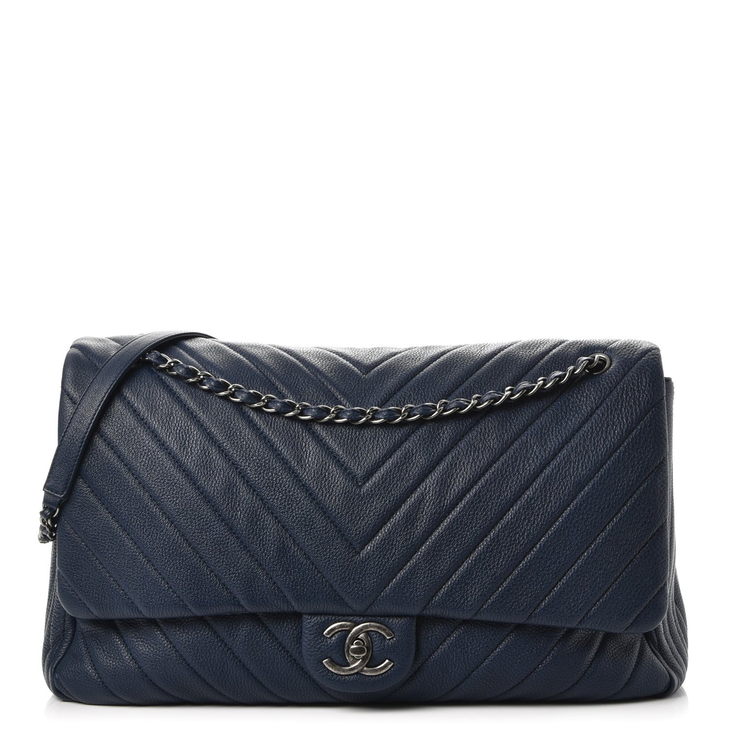 Calfskin Chevron Quilted XXL Travel Flap Bag Blue