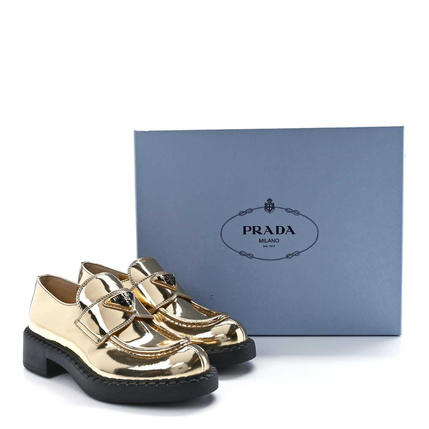 Metallic Brushed Calfskin Metal Triangle Logo 50mm Loafers 35 Platino
